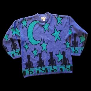 Vintage Michael Carrie Cat Night Sky Sweater Size Large